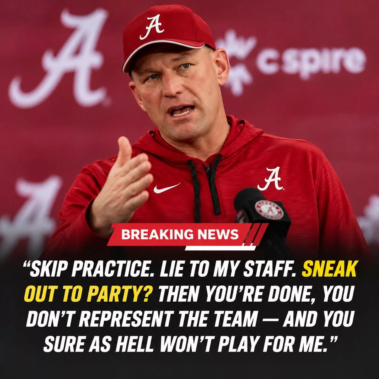 Cover Image for Alabama Crimson Tide head coach Kalen DeBoer has shocked the college football world by suspending three veteran star players after they were allegedly caught partying at a downtown Tuscaloosa nightclub on Friday night — just hours after they missed team practice earlier that day, citing “health reasons.”