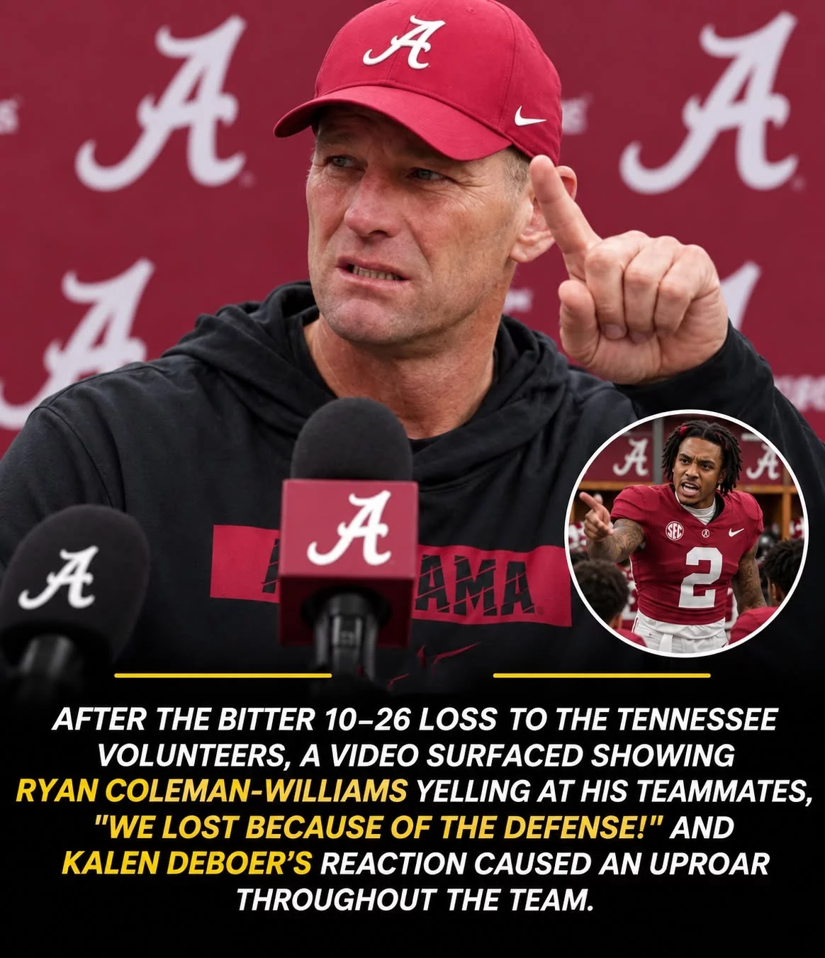 Cover Image for EXPLOSIVE LOCKER ROOM: After the bitter 26–10 loss to the Tennessee Volunteers, a video surfaced showing Ryan Coleman-Williams yelling at his teammates, “We lost because of the defense!” And Kalen DeBoer’s reaction caused an uproar throughout the team. The leaked 52-second video caused internal chaos, forcing Alabama’s leadership to intervene…