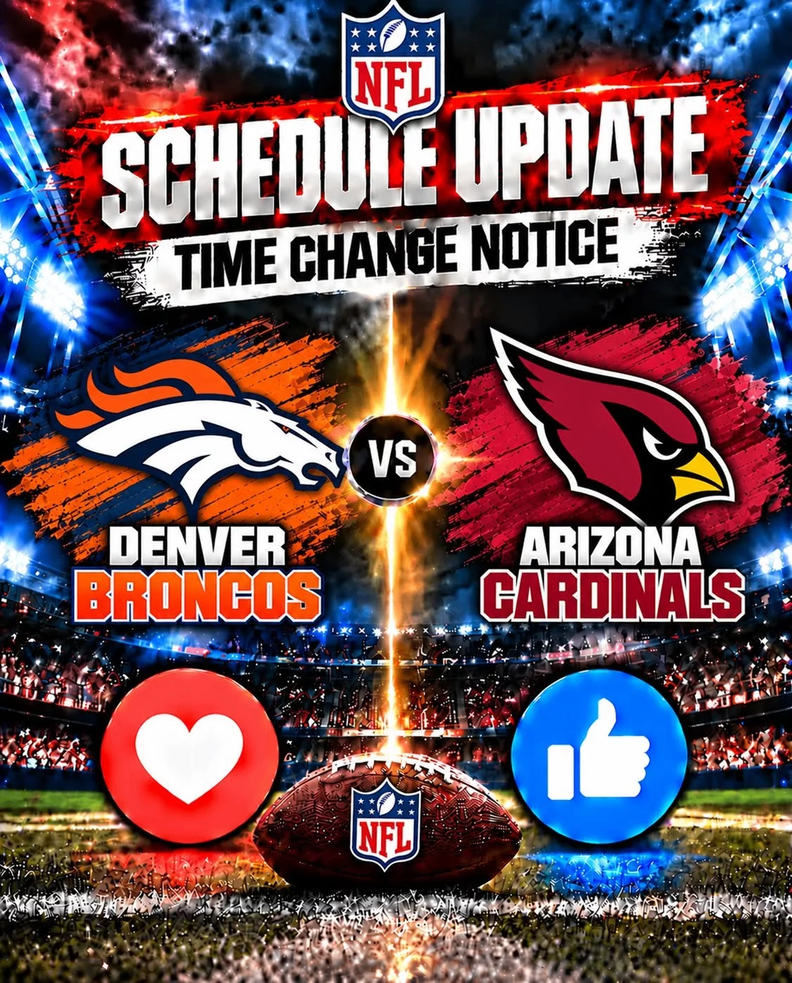 Cover Image for 🚨 SCHEDULE UPDATE: DENVER BRONCOS vs. ARIZONA CARDINALS — KICKOFF TIME NOTICE! 🏈🔥