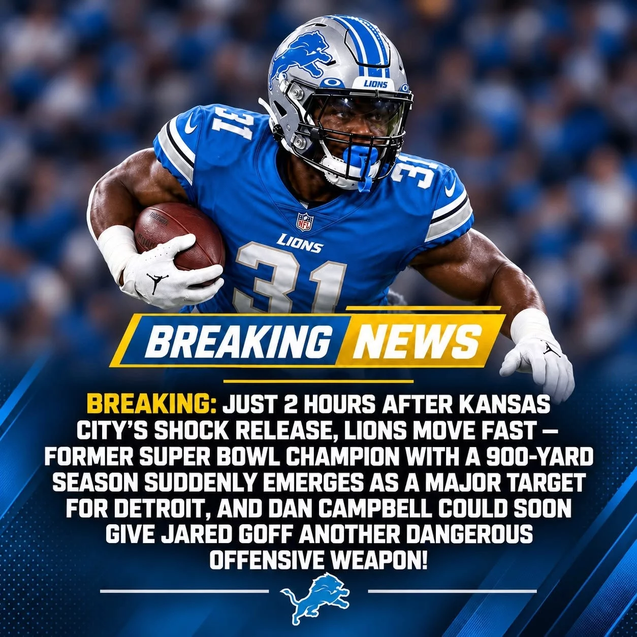 Cover Image for BREAKING: JUST 2 HOURS AFTER KANSAS CITY’S SHOCK RELEASE, LIONS MOVE FAST — Former Super Bowl Champion With a 900-Yard Season Suddenly Emerges as a Major Target for Detroit, and Dan Campbell Could Soon Give Jared Goff Another Dangerous Offensive Weapon!
