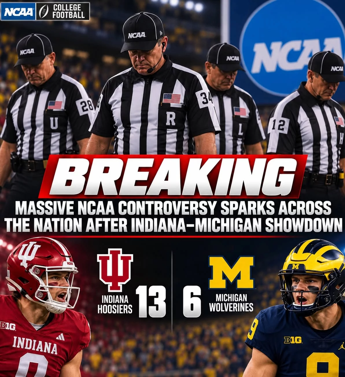 Cover Image for BREAKING: Four referees who officiated the game between Indiana and Michigan have been suspended pending investigation after conference officials discovered multiple officiating errors that may have impacted critical moments of the matchup, leaving Michigan with a heartbreaking loss and triggering massive controversy across the college football world!