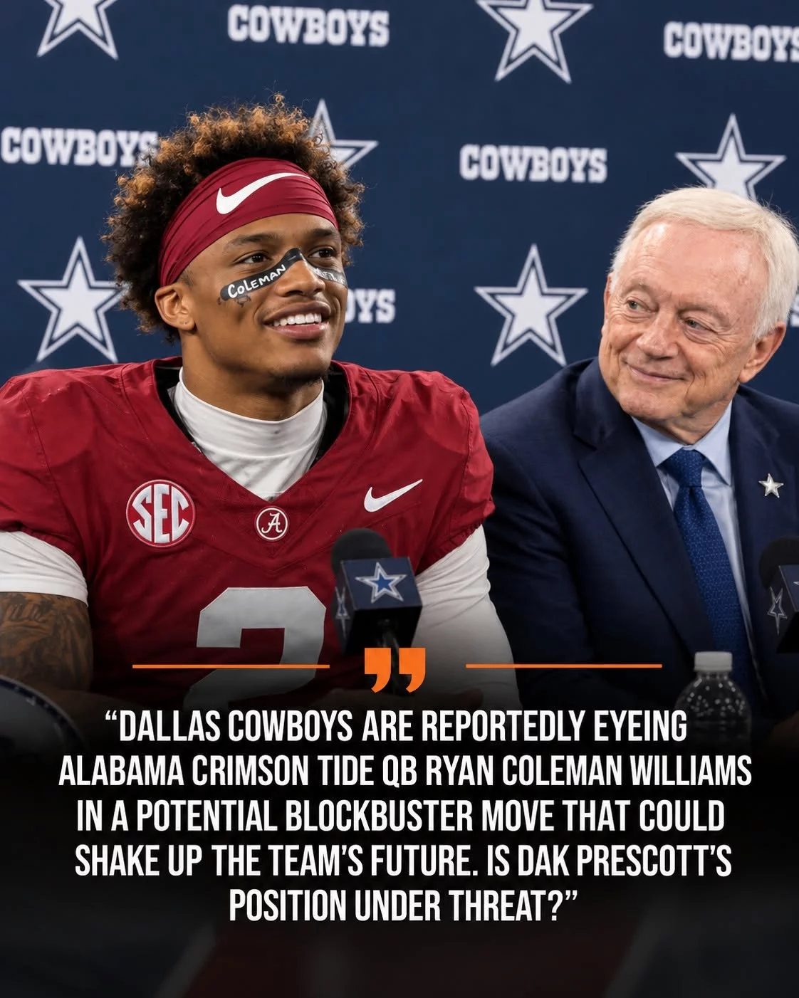 Cover Image for SHOCKING NFL RUMOR: Dallas Cowboys are reportedly eyeing Alabama Crimson Tide QB Ryan Coleman-Williams in a potential blockbuster move that could shake up the team’s future. Is Dak Prescott’s position under threat?
