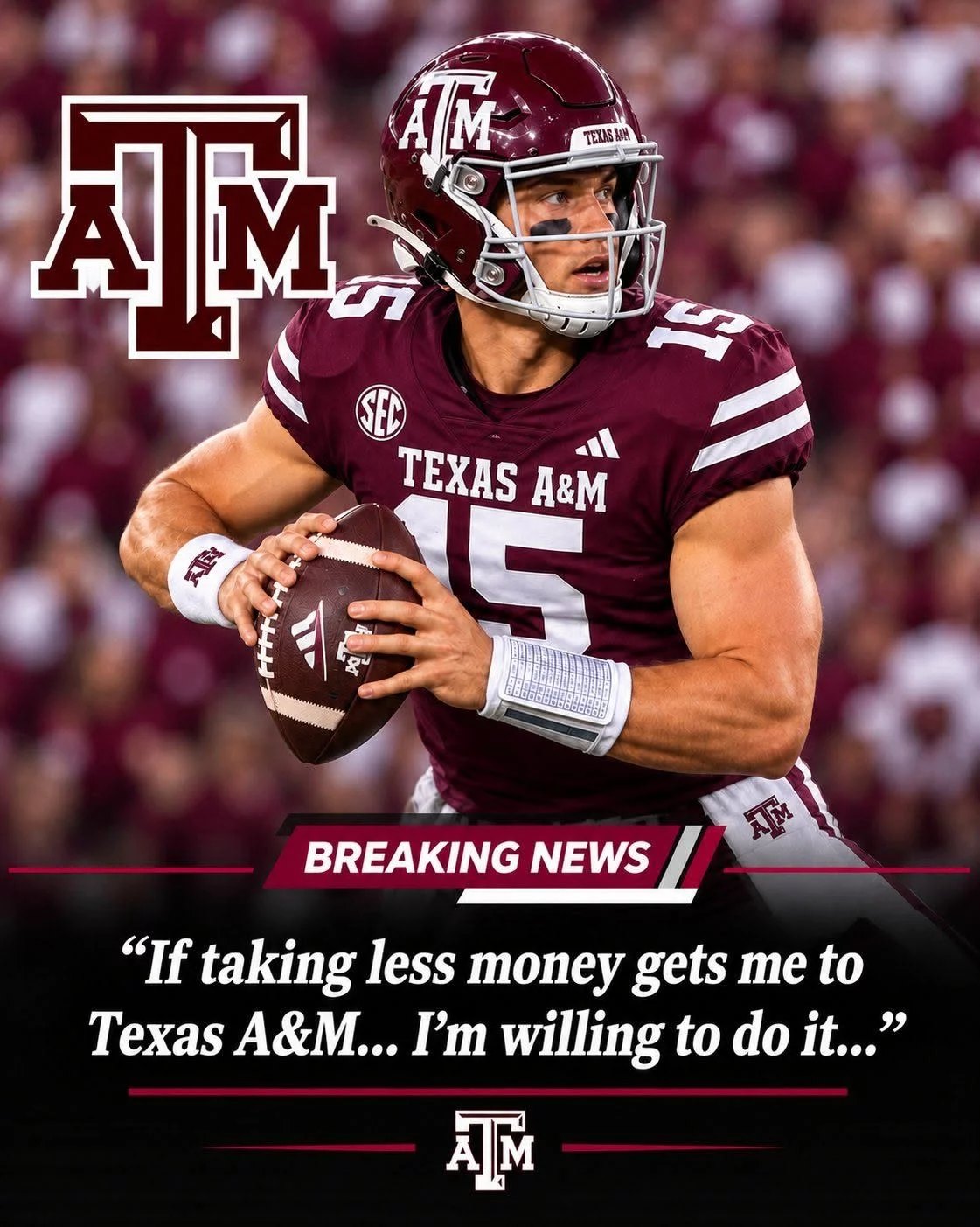 Cover Image for Just 3 Hours After His Previous Team Moved On From Him, a Former Highly Rated Prospect and Proven Star Stuns the College Football World by Declaring He Wants to Join the Texas A&M Aggies — Willing to Accept a Pay Cut and Play Alongside the Aggies’ Stars Just to Call College Sta.tion Home!